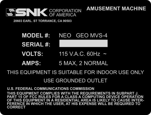 SNK Amusement Machine Serial Number - Back Door Sticker (Red or