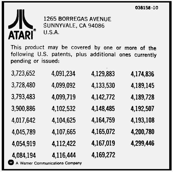 Atari Patent Arcade Sticker Back Door - Instruction – Escape Pod Online
