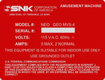 SNK Amusement Machine Serial Number - Back Door Sticker (Red or Black)
