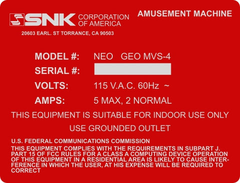SNK Amusement Machine Serial Number - Back Door Sticker (Red or Black)